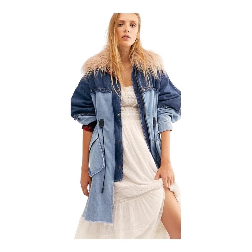 NWT Free People Days to Come‎ Denim Parka Coat Faux Fur Collar Size M